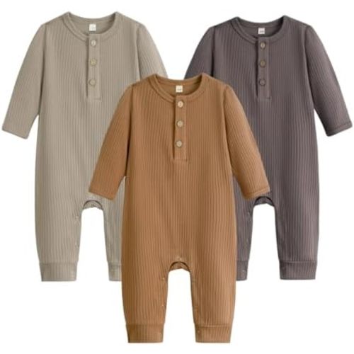 Bafeicao Baby Boy Girl 3 Pack Solid Romper Ribbed Cotton Long Sleeve Jumpsuit Infants Outfits Clothes with Mitten Cuffs