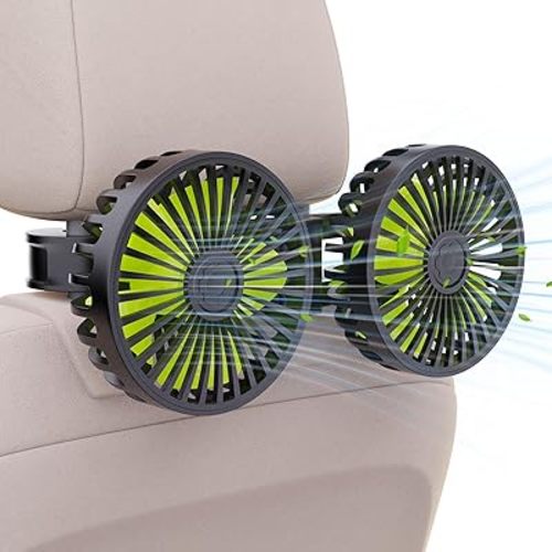 USB Car Cooling Fans for Backseat: Dual Head Car Fan for Kids 3 Speeds 360° Rotatable Vehicle Rear Headrest Fans 5V Powerful Electric Air Circulation Fan for Sedan SUV RV Truck (Black+Green)