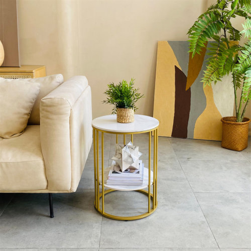 Everly Quinn White Stone Side End Table 2-Tier Round Bedside Table With Storage Shelf & Reviews | Wayfair