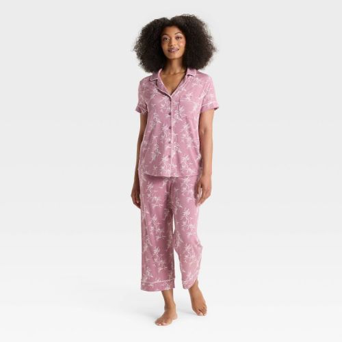 Women's Cloud Knit Short Sleeve Notch Collar Top and Cropped Pants Pajama Set - Auden™ Pink/Striped S: Modal Blend, Button Down
