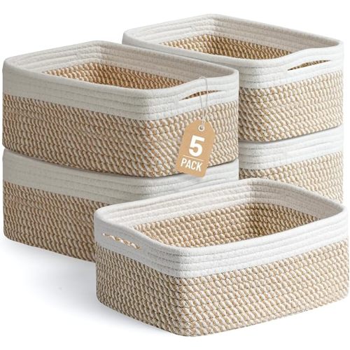 5 Pack Small Woven Storage Baskets for Shelves, Cotton Rope Baskets Organizer for Bathroom, Closet & Nursery, Decorative Storage Bins for Organizing Socks, Toys, 11.8"x7.9"x4.7", Khaki/White