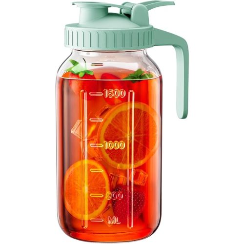 64 oz Glass Pitcher with Lid, Large Wide Mouth Mason Jar with Pour Spout, Green Sun Tea Glass Jar for Outside, Drink Pitcher Great for Drink, Cold Beverages and Breast Milk