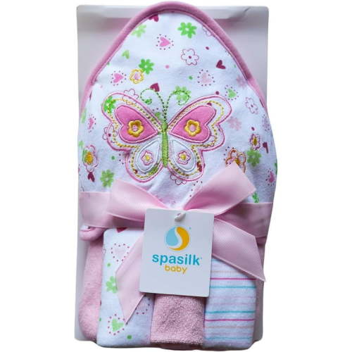 Spasilk Hooded Bath Towel and Washcloths Set for Newborns, 1 Soft Terry Baby Towel and 3 Baby Washcloths, Baby Essentials, Ideal Baby Shower Gifts, One Size, Pink Butterfly