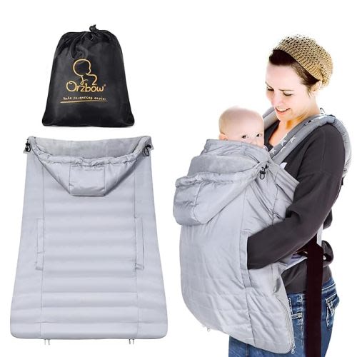 Orzbow Winter Baby Carrier Cover with Detachable Hood, Waterproof & Windproof, Universal for Baby Carriers and Baby Waist Stool, Baby Bunting Bag for Car Seats and Strollers with Storage Bag, Black