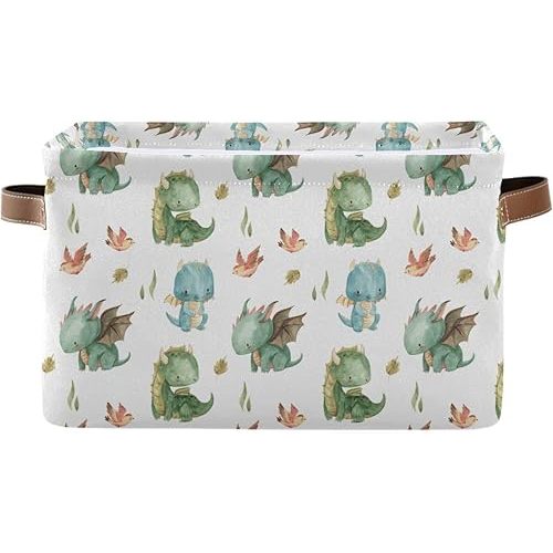 xigua Cute Dragon Storage Basket Collapsible Toy Storage Bins Waterproof Canvas Storage Basket with Leather Handles for Home Closets Offices,Bedrooms,Toy and Gift Baskets,1PCS