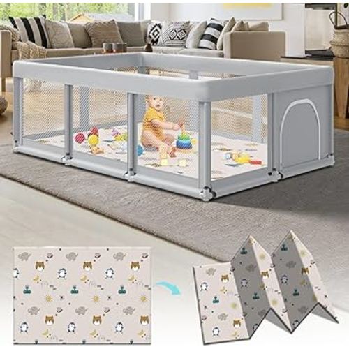 74" ×50" Large Baby Playpen, Baby Playard for Babies and Toddlers, Play Pens for Indoor & Outdoor, Sturdy Safety Play Yard with Soft Breathable Mesh, Anti-Fall, Grey (with MAT)
