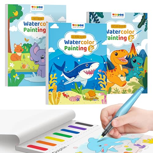 TECJOE 3 Pack Paint With Water Coloring Books for Toddlers, Watercolor Paint Set with 6 Brushes, Painting Activity for Kids Ages 4 5 6 7 8, Christmas Gift arts & Crafts Toy, Dinosaurs, Forest & Sea