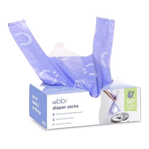 Ubbi Disposable Diaper Sacks, Lavender Scented, Easy-To-Tie Tabs, Diaper Disposal or Pet Waste Bags, 200 Count