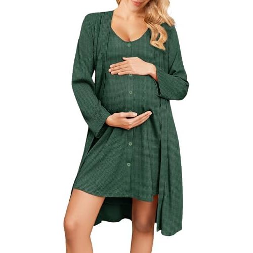 Ekouaer Maternity Nursing Gown and Robe Set 2 Piece Waffle Breastfeeding Nightgown 3 in 1 Labor and Delivery Hospital Gown