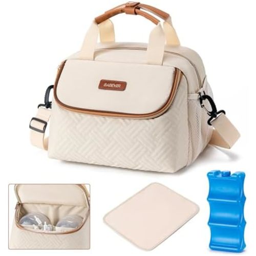 Breastmilk Cooler Bag with Ice Pack Fits 6 Baby Bottles up to 9 Ounce, Wearable Breast Pumps Cooler Bag for Nursing Mom Daycare, Work, Travel- Cream