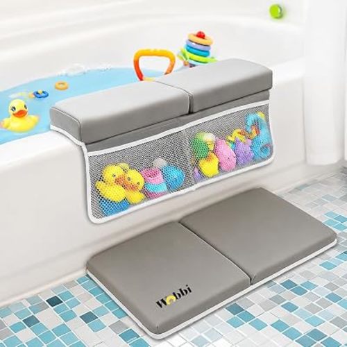 Wobbi Comfortable Bath Kneeler and Elbow Rest Pad Set | 6 Suction Cups for Slip-Resistant Stability | 1.5" Thick Memory Foam Bath Kneeling Pad with 4 Storage Pockets (Grey)