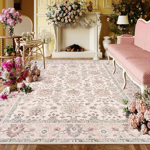 Lahome Pink Floral 8x10 Rug Non Slip, Washable Large Rugs for Living Room Ultra-Thin Boho Rugs for Bedroom, Vintage Floral Print Carpet Rug for Dining Room Nursery Room Dorm Classroom (Pink, 8' x 10')
