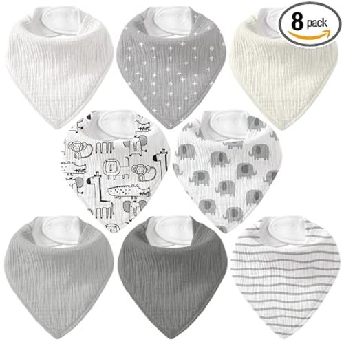 Muslin Baby Bibs 8 Pack, Baby Bandana Drool Bib for Drooling and Teething, Cotton Soft Absorbent for Girls Boys (Grey Animals)