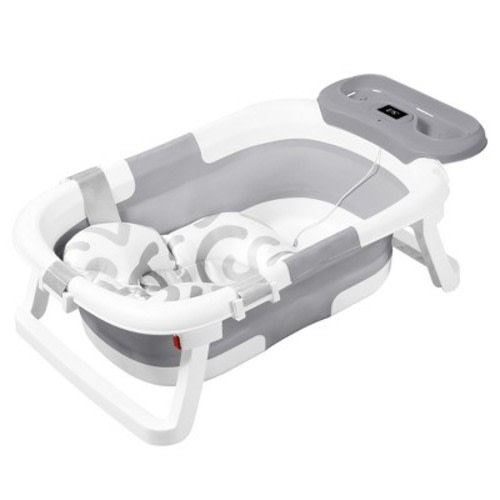 BabyBond Collapsible Baby Bathtub for Infant to Toddler, Portable Baby Bath Tub with Soft Cushion & Thermometer, Gray