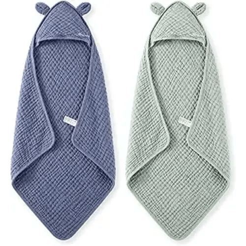 Momcozy Baby Towels, 6-Layer 100% Cotton Muslin Hooded Baby Towel Set for Newborn, Infant & Toddler, Soft Absorbent Baby Bath Essentials, Large 32 x 32 Inch