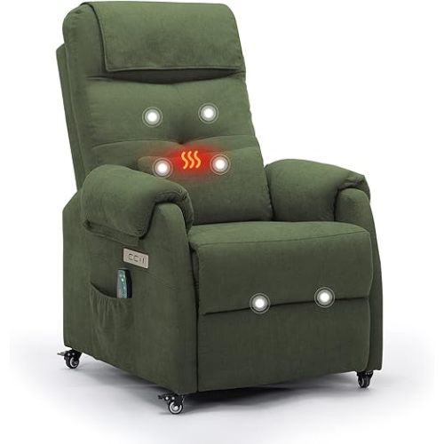 Power Recliner Chair for Adults, Recliner for Small Spaces with Rollers, Electric Chair with Massage and Heat, USB and Type-C Charge Port, Fabric Recliner Chair for Living Room, Bedroom