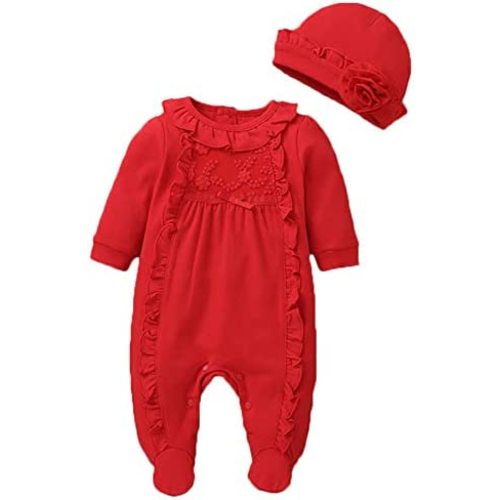 Infant Baby Girl Ruffled Cotton Footies Footed Overall Romper with Hat Toddler Baby Footed Jumpsuit