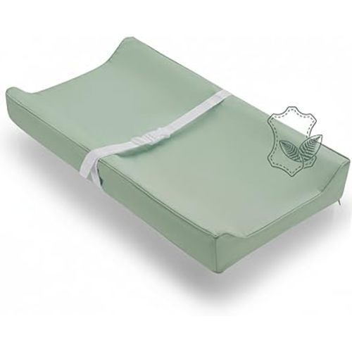 Vegan Leather Contoured Baby Changing Pad | Waterproof & Wipe-Clean PU Leather Diaper Change Mat, Soft, Wipeable Cover, Safety Strap, Non-Slip Bottom, Topper for Standard Infant Diaper Table & Dresser