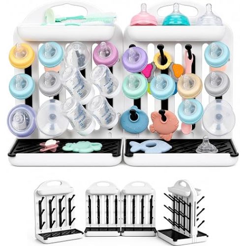 Baby Bottle Drying Rack 2 Pack, 24-Hook Modular Vertical Bottle Drying Rack for Baby Bottles, Pump Parts and Pacifiers, Space Saving Countertop Baby Bottle Organizer with Stable Base and Drip Trays