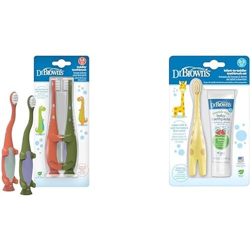 Dr. Brown's Baby & Toddler Toothbrush 2-Pack, 1-4 Years and Infant-to-Toddler Toothbrush Set with Toothpaste, 0-3 Years