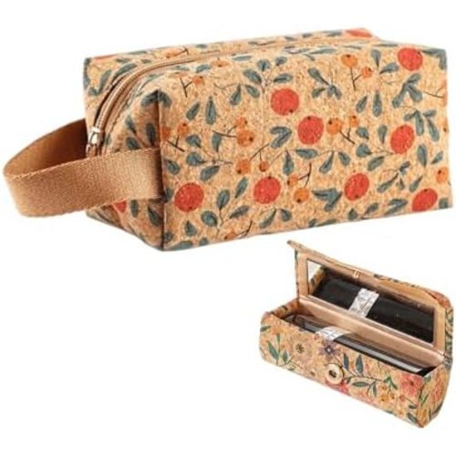 SENIKO Flower Make Up Bag Vintage Art;Travel Cosmetic Bag Cork;Makeup Organizer Bag-Portable Pouch ;Personalized Makeup Pouch-Boho Nature Pattern;Travel Makeup Bag For Women (Bags with Lipstick Case)