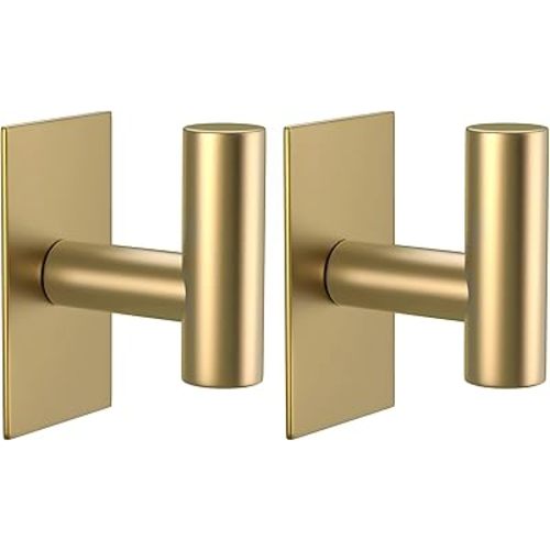 VAEHOLD Wall Towel Hooks, Heavy Duty Sticky Holder Waterproof Towel Hooks for Hanging Coat, Clothes, Closet Hook Wall Mount for Kitchen (Gold, 2 Pack)