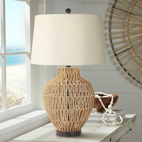 360 Lighting San Marcos Modern Coastal Cottage Table Lamp 27" Tall Natural Wicker Black Metal Oatmeal Fabric Drum Shade Decor for Living Room Bedroom House Bedside Nightstand Office Reading