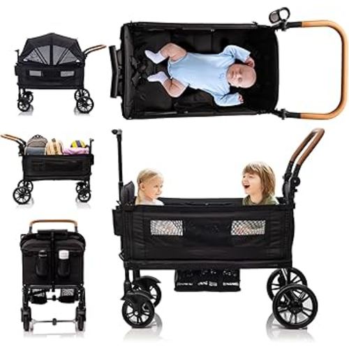 Double Stroller,Wagon Stroller for Newborn&Toddler,Push Pull Lightweight Foldable Travel Umbrella Twins Stroller with 5-Point Harness,Adjustable Handle Bar and Canopy,Foot Wells,Tray Table,Cup Holder