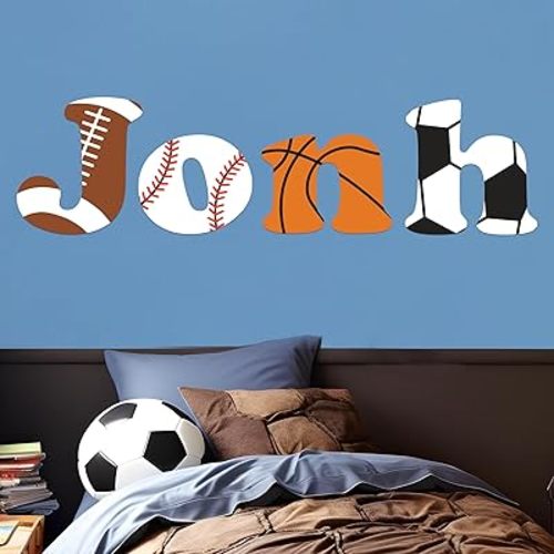 EGD Custom Name with Initial and Sports Balls Design Wall Decal I Soccer Baseball Basketball Football Wall Art Decor I Nursery Wall Stickers I Home Nursery Decoration (Wide 40" (Shown) (Large))