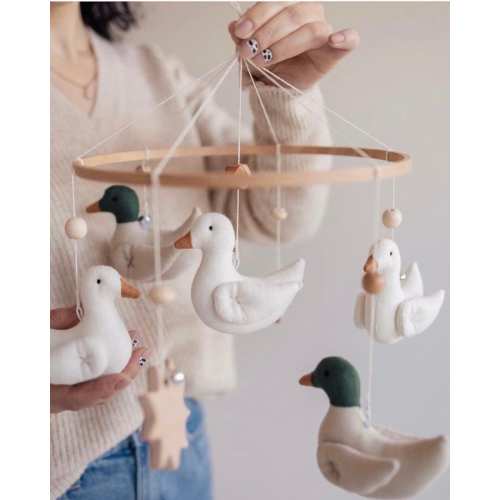 Wooden mobile with ducks for newborn, Linen toys, green, beige , white ducks , wooden crib toy, baby shower gift