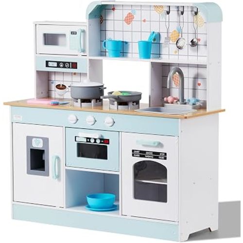 VEVOR Wooden Play Kitchen Toy, Play Kitchen for Kids with Lights and Sounds, Toddler Kitchen with Ice Maker, Oven, Sink, Microwaves, Fridge and Utensil and Fruit Accessory for Toddlers, White