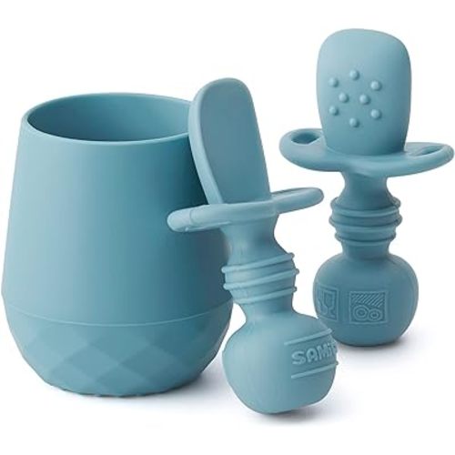 SAMiGO Silicone Baby Utensils - Self Feeding Spoons and Tiny Training Cup - First Stage Baby Led Weaning Supplies for 6 Months+ Infants - Set of 3