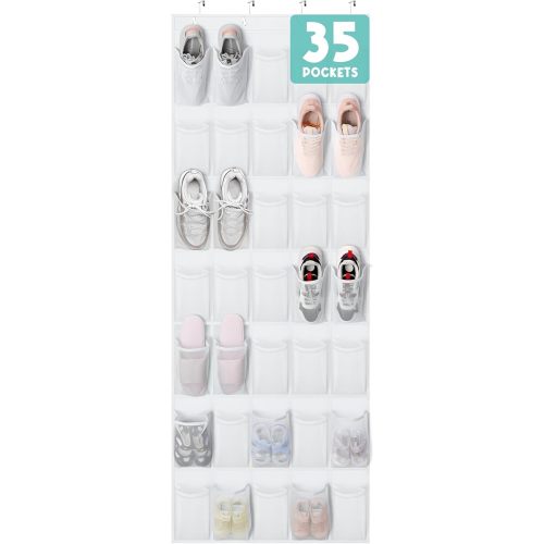 Tiblue Over The Door Shoe Organizer 35 Mesh Pockets Hanging Shoe Organizer Shoe Rack For Door Closet Entryway Bedroom Pantry Organizer - Shoe Holder Hanger For Sneakers, Women High Heeled Shoes White