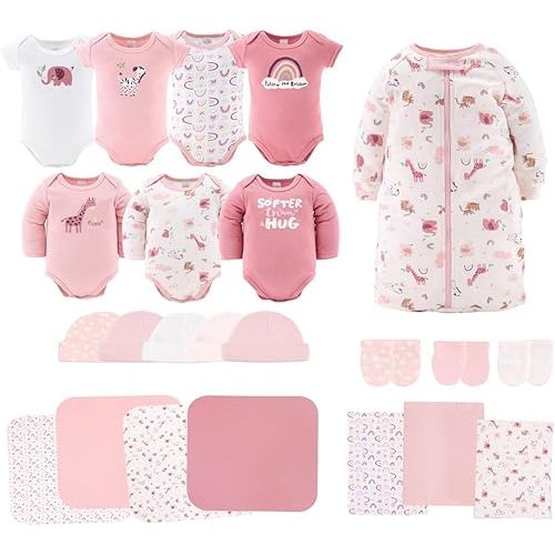 The Peanutshell Baby Layette Gift Set for Baby Girls - 23 Piece New Born Girl Gift Set, Clothes & Newborn Essentials Must Haves - Girl Clothes 0-3 Months - Soft Pink