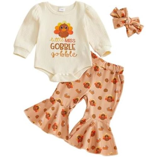 Newborn Baby Girl Thanksgiving Outfit Turkey Long Sleeve Bubble Romper Bodysuit Flare Pants Set Cute Fall Clothes