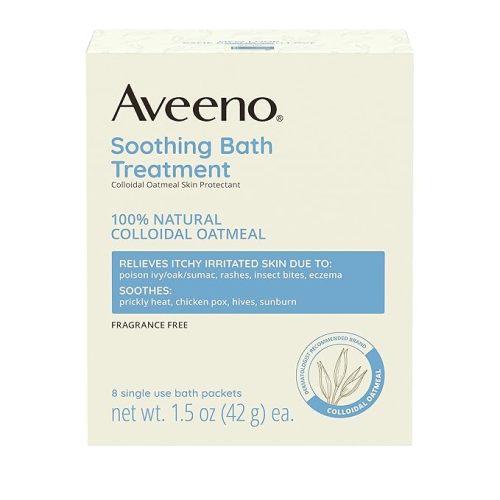 Aveeno Fragrance Free Soothing Bath Treatment, 100% Natural Colloidal Oatmeal, Sensitive Skin Bath Soak for Relief of Dry, Itchy, Irritated Skin Due to Eczema & Hives, Bath Packets, 8 ct.