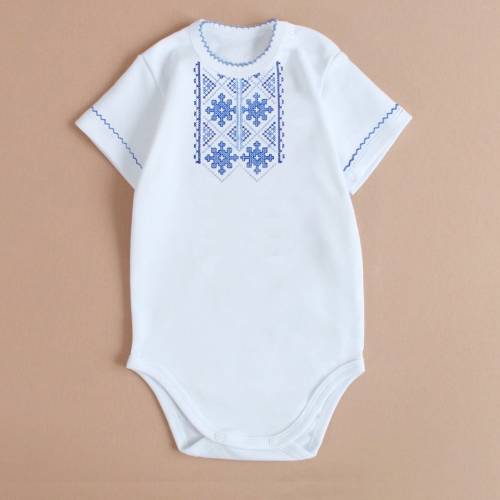 baby onesie Ukrainian Vyshyvanka, unisex embroidered onesie short sleeve, blue embroydery Ukraine ornament