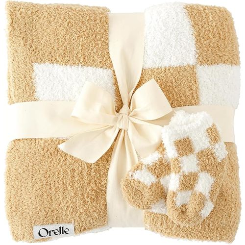 Orelle Checkered Baby Blanket & Matching Socks Set | Plush Baby Blanket | Luxury Ultra-Soft & Cozy Receiving Blanket | Newborn Gift & Registry Must-Have | 30x40” | Brown