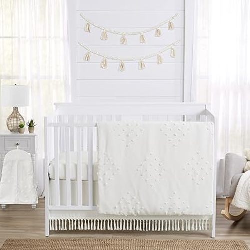 Sweet Jojo Designs Boho Dot Baby Boy Girl Nursery Crib Bedding Set - 4 Pieces - Ivory Beige Cream Off White Bohemian Shabby Chic Modern Luxury Farmhouse Geometric Pom Pom Tufted Minimalist Neutral