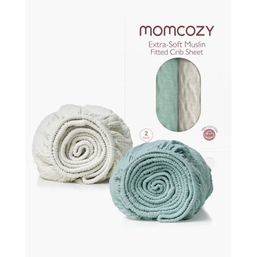 Momcozy Muslin Fitted Crib Sheets - 2 sizes - Green & Grey