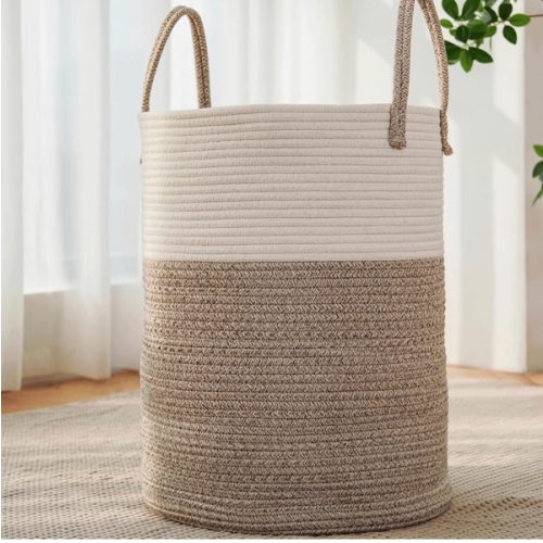 Large Woven Laundry Basket Hamper,60L Cotton Rope Storage Bin for Blankets,Toys and Clothes,Decorative Tall Nursery Hamper for Living Room,Baby Nursery,Bathroom and Bedroom,Brown