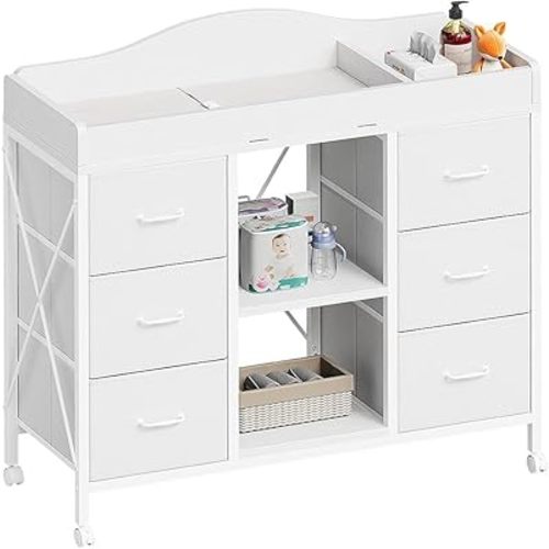 Changing Table, 6-Drawer Baby Dresser with Changing Table top, Waterproof Diaper Changing Station & Pad, 2 Height-Adjustable Open Storage Shelves, Mobile Nursery Organizer, White