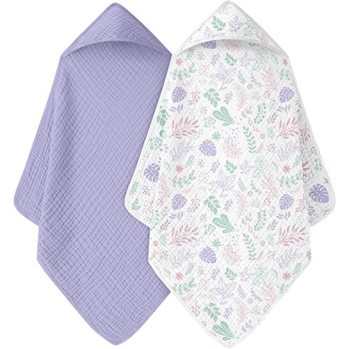 Baby Bath Towels, 100% Muslin Cotton Hooded Baby Towels for Newborn, Infant and Toddler, 2 Pack Soft and Absorbent Unisex Bath Essentials with Large 32x32Inch Size