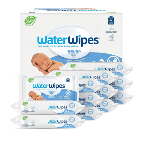 WaterWipes Plastic-Free Original Baby Wipes, 99.9% Water Based Wipes, Unscented & Hypoallergenic for Sensitive Skin, 720 Count (12 packs), Packaging May Vary