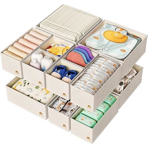 Linen Drawer Organizers for Nursery, Dresser & Closet (12-Pack) – Sturdy, Collapsible Nursery & Dresser Dividers for Baby Clothes, Socks, Underwear & Essentials – Multi-Size Set, Beige