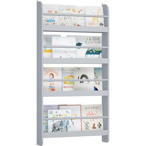 FOTOSOK Kids Bookshelf, Wall Mount 4-Tier Book Shelf Organizer for Toys and Books, Toy Storage Bookshelf in Bedroom, Living Room and Nursery, Grey