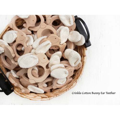 Natural Cotton Crochet Bunny Teether, Crinkle Cotton Ears on organic beech wood Bunny Combo Pack Option With Larger Sleepy Bunny Rattle
