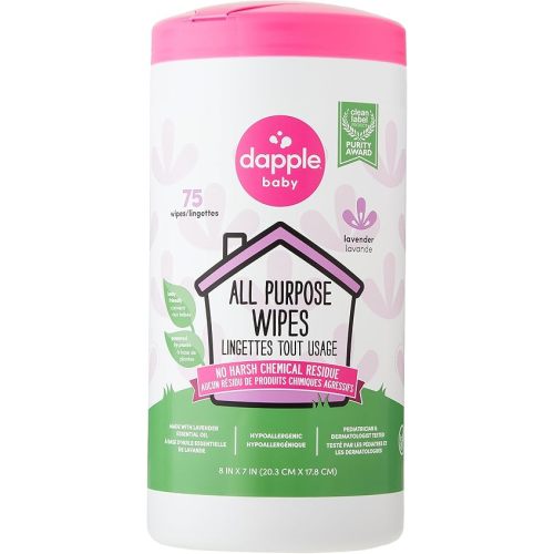 Dapple Baby - All Purpose Cleaning Wipes, Baby Safe, Natural Toy and High Chair Wipes, Plant Based, Sweet Lavender Scented - 75 Count