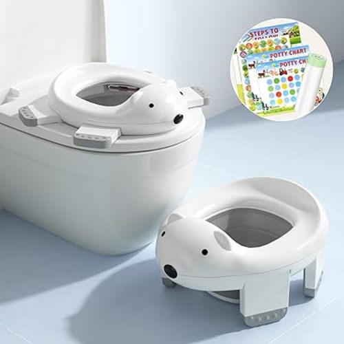 2-in-1 Potty Training Toilet for Toddlers (12 M+) - Portable Travel Potty Seat with Training Charts, Safety Locks & Polar Bear Design
