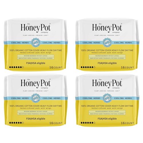 The Honey Pot Company - 64ct - Herbal Sanitary Pads for Women - Heavy Flow w/Wings - Infused w/Essential Oils for Cooling Effect & Organic Cotton Cover - Feminine Care - FSA & HSA